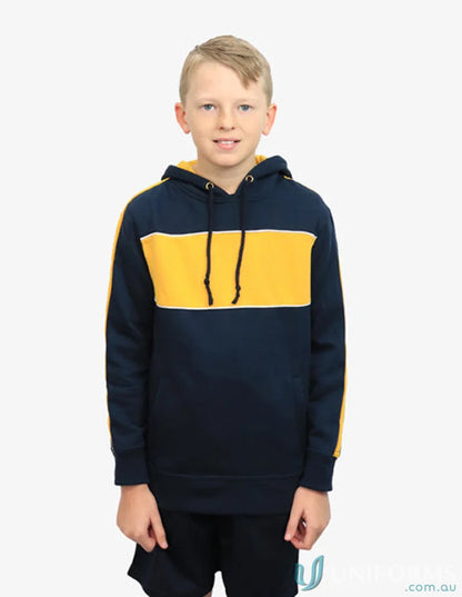 Boy in Kids Chesty Hoodie with two-tone design and anti-pill fleece chest panel