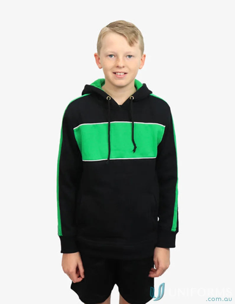 Kids Chesty Hoodie with chest panel in black and green anti-pill fleece bshd11k