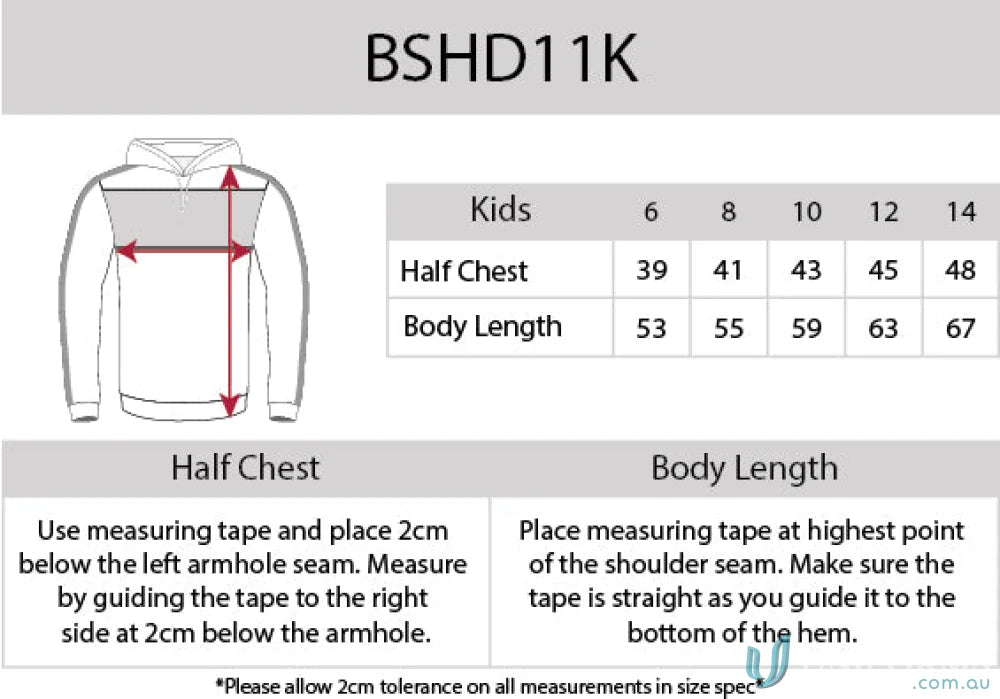 Kids Chesty Hoodie size chart with anti-pill fleece chest panel bshd11k guide’image