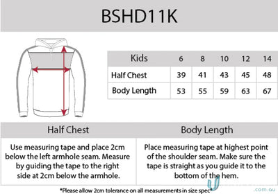 Kids Chesty Hoodie size chart with anti-pill fleece chest panel bshd11k guideimage