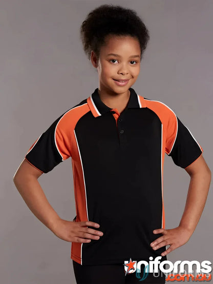 Kids CoolDry Alliance Polo in black and orange with mini waffle fabric and kids spirit cooldry