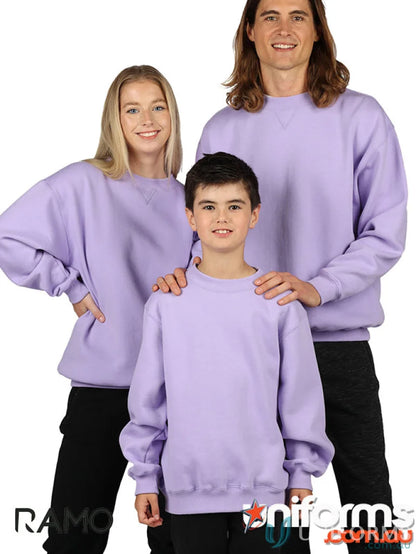 Kids crew neck sloppy joes worn by three people in matching purple sweatshirts