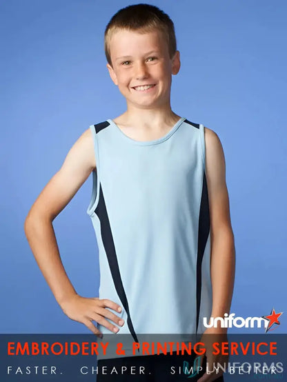 Kids Eureka Singlet light blue and black athletic fabric sleeveless shirt for uniforms or workwear