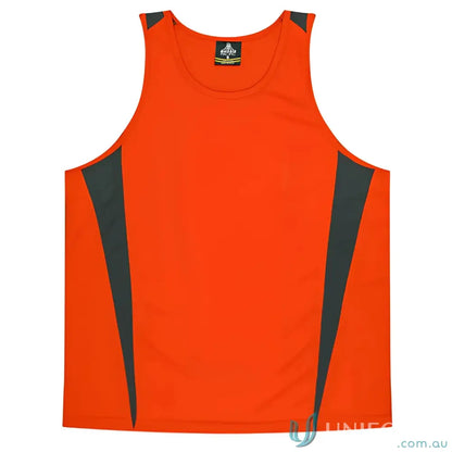 Kids Eureka Singlet athletic tank top in orange and gray, made from comfy fabric for workwear or uniforms