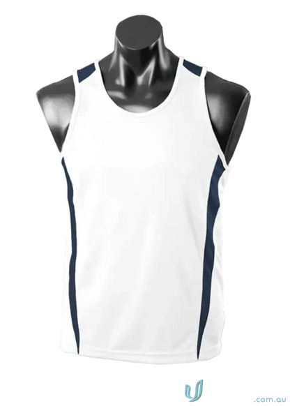 Kids Eureka Singlet white athletic tank top with navy blue side panels fabric uniforms workwear