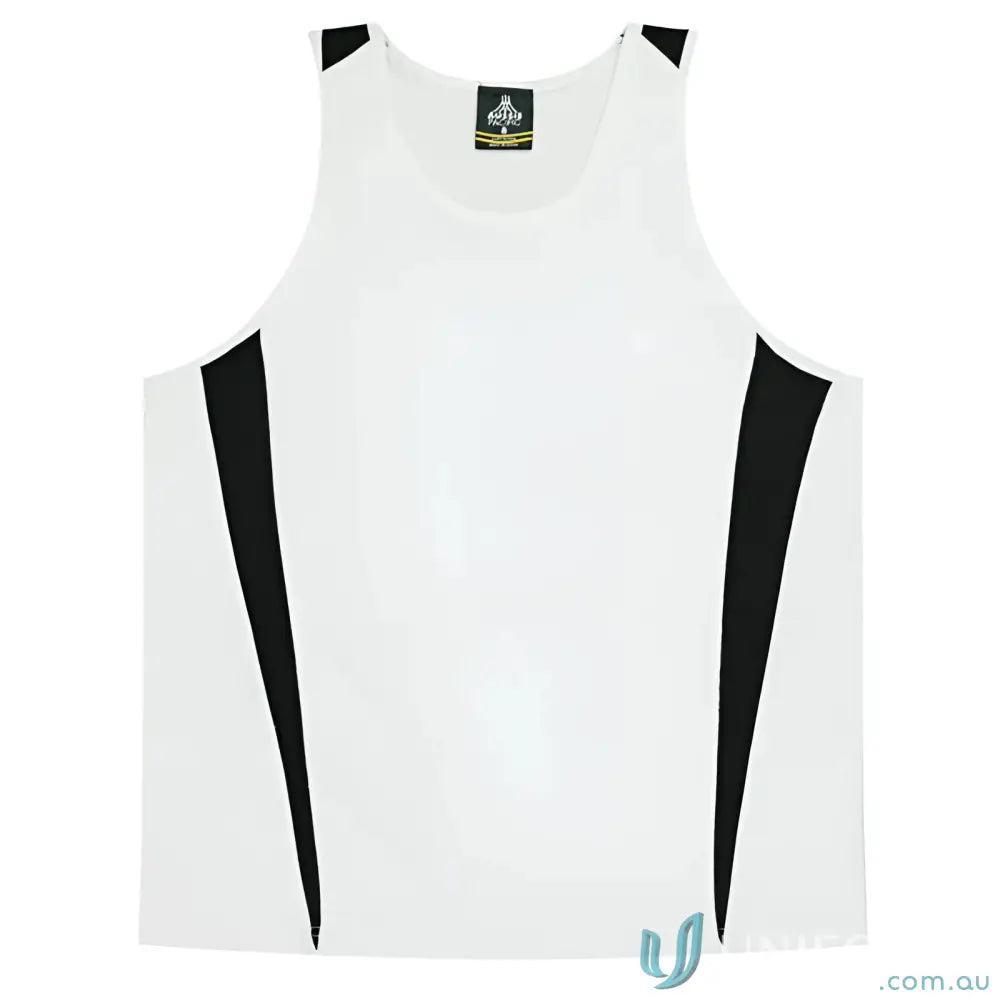 Kids Eureka Singlet with white and black fabric, perfect for sports uniforms and workwear