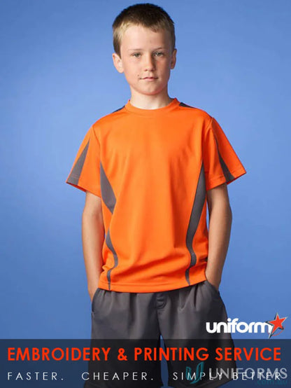 Kids Eureka T-shirt with orange and gray athletic fabric, perfect for uniforms or workwear