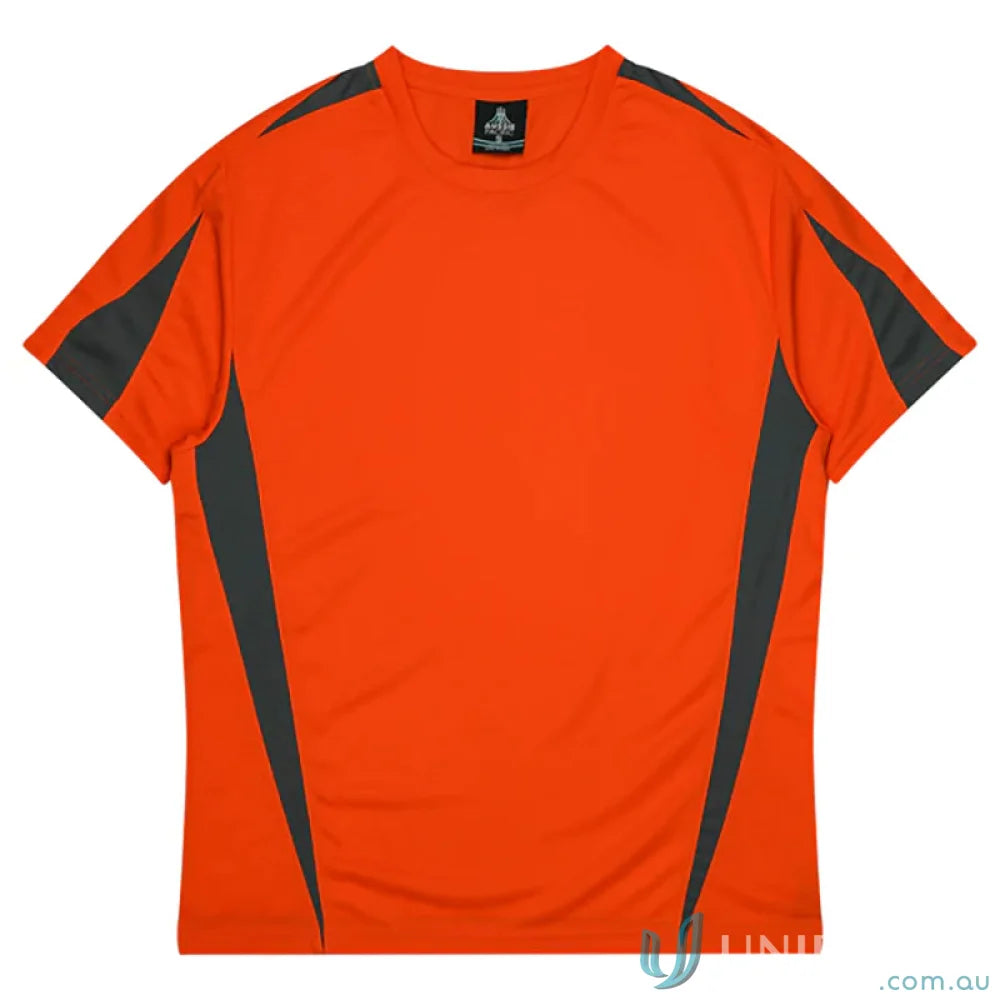 Kids Eureka T-shirt in orange and gray athletic fabric, perfect for uniforms or workwear
