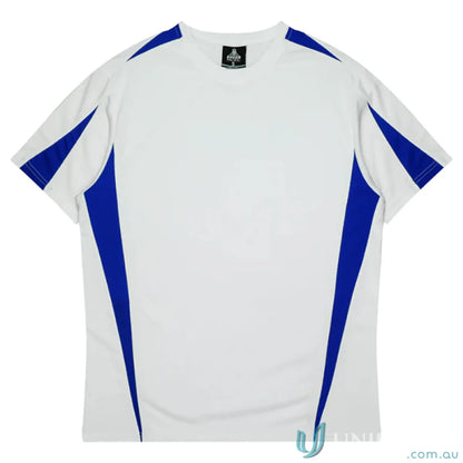 Kids Eureka T-shirt in white and blue athletic fabric perfect for uniforms or workwear