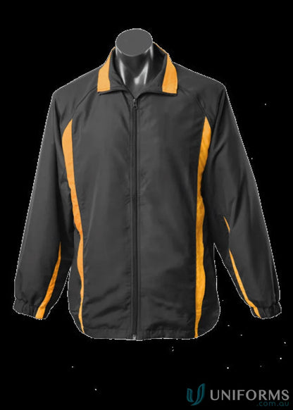 Kids Eureka Track Jacket in black and gold, perfect for sports uniforms and kids’ sportswear