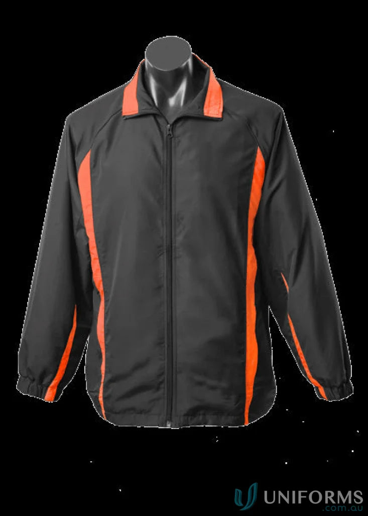 Kids Eureka Track Jacket in black and orange, perfect for sports uniforms and kids’ styles