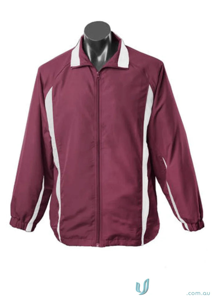 Kids Eureka Track Jacket in maroon and white, perfect for sports uniforms