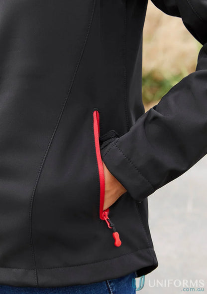 Kids Geneva Softshell Jacket with black fabric and red zipper for outdoor activities