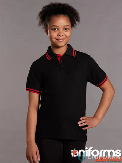 Kids Grace Polo black pique short sleeve polo with red trim and Sleeve Polo PS65K design