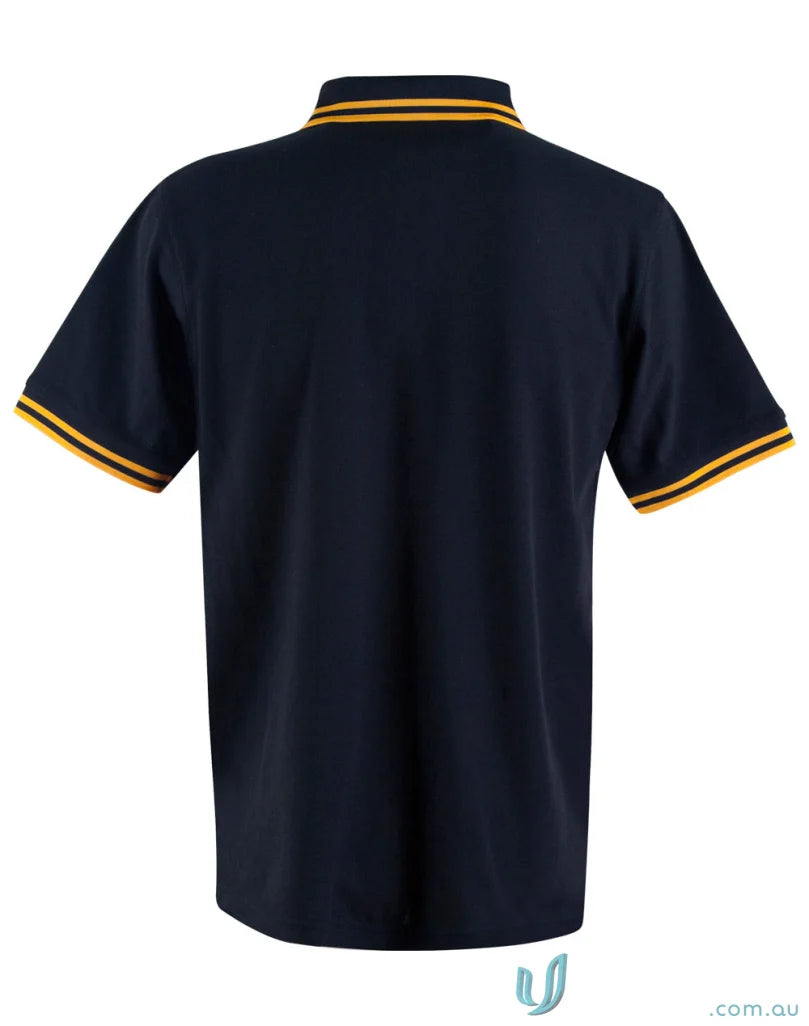 Kids Grace Polo navy pique short sleeve shirt with gold trim, perfect for kids