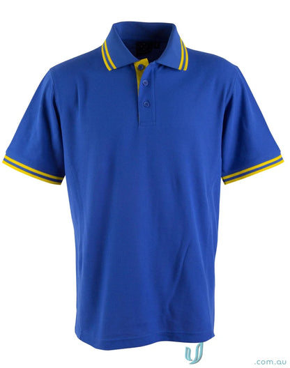 Kids Grace Polo in blue pique short sleeve with yellow trim, perfect for casual wear