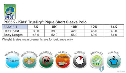 Kids Grace Polo size chart with pique short sleeve and truedry pique short features