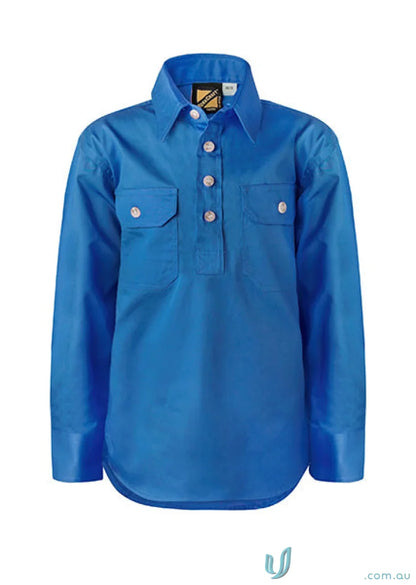 Kids Half Placket shirt, cool workcraft kids half junior farming gear in blue