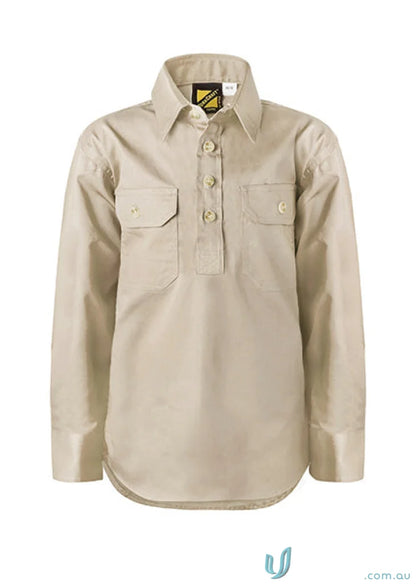 Kids half placket khaki work shirt perfect for junior farming gear and workcraft kids half