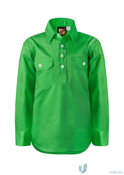 Green long-sleeved work shirt for kids with half placket, perfect for Junior Farming Gear