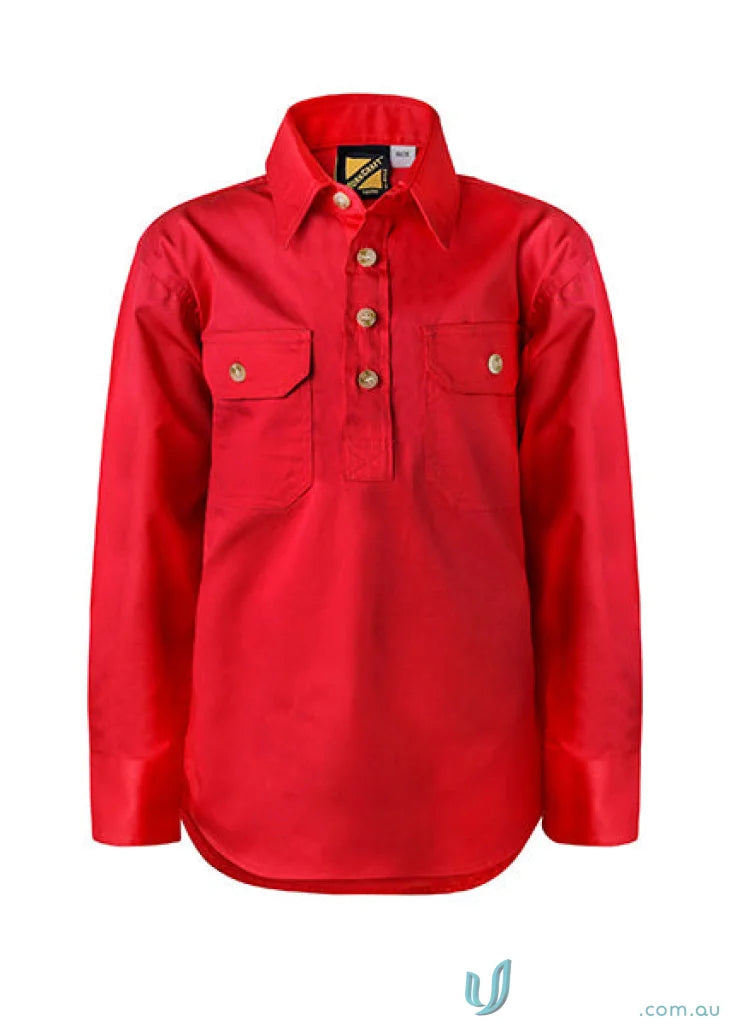 Red long-sleeved work shirt for kids, perfect for juniors and workcraft kids half placket style