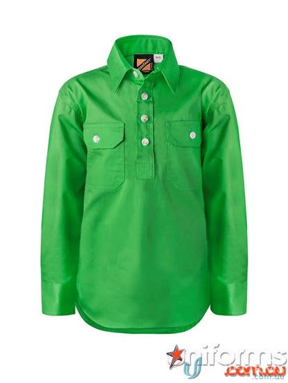 Green long-sleeved work shirt for kids with half placket, perfect for junior farming gear