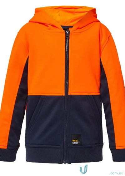 Kids HiVis Hoodie orange and navy blue hooded zip-up jacket for outdoor school events