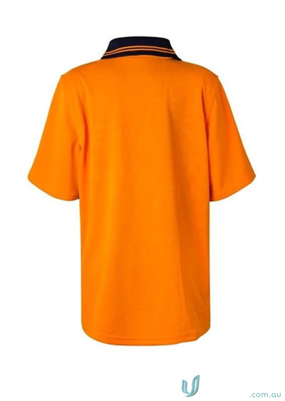 Kids HiVis SS Polo orange polo shirt with navy collar, perfect uniform for workcraft kids hivis