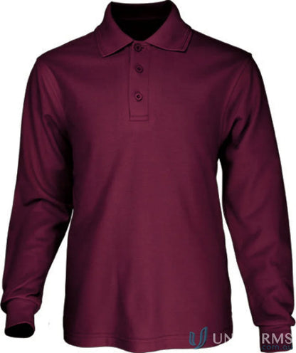 Kids L/S Basic Polo in burgundy showing a long sleeve polo with three buttons