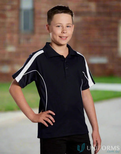 Boy wearing Kids Legend Polo black and white with PS53K Legend Truedry fabric for legend truedry fashion