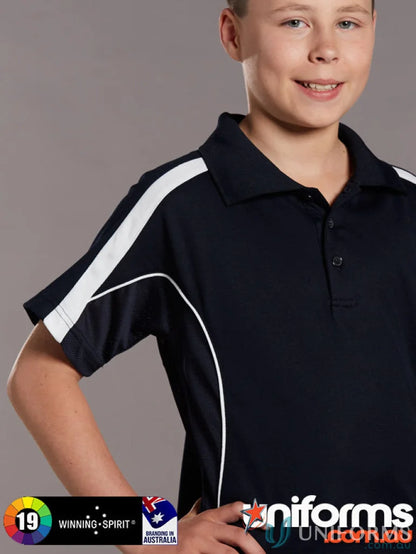 Kids Legend Polo navy polo shirt with white accents featuring Legend TrueDry fashion tech