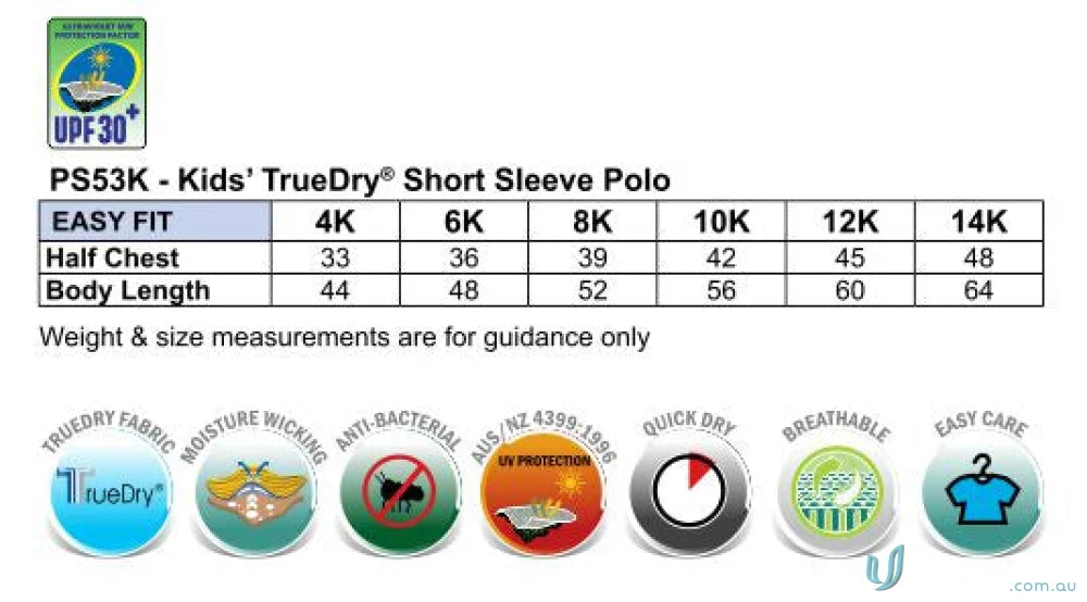 Kids Legend Polo size chart and features for PS53K Legend Truedry fashion