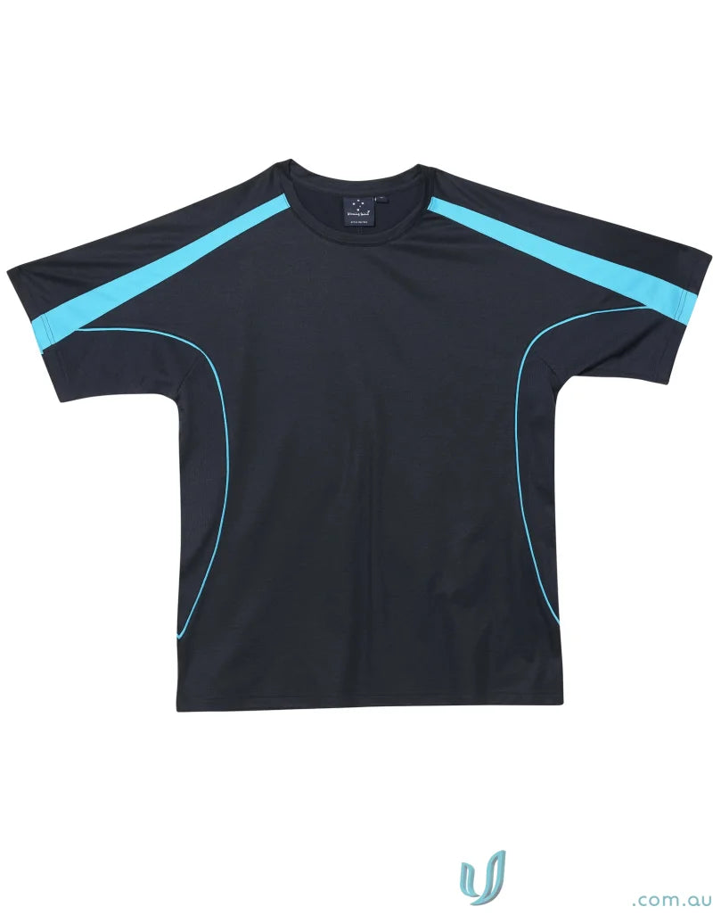 Kids Legend Tee black athletic t-shirt with blue accents, perfect for sports uniforms