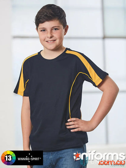 Kids Legend Tee boy’s navy and gold athletic t-shirt perfect for school uniforms or workwear