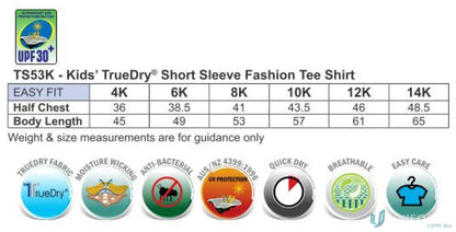 Kids Legend Tee sizing chart showing kids’ short sleeve tee shirts for uniforms and workwear