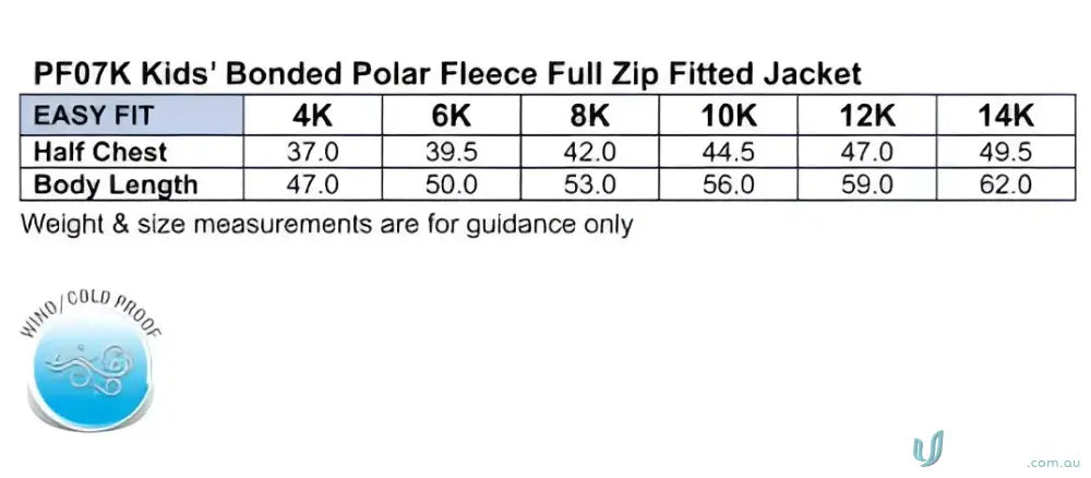 Sizing chart for Kids Micro Bonded Polar Fleece Jacket showing bonded polar fleece and 350gsm kids fleece jacket details