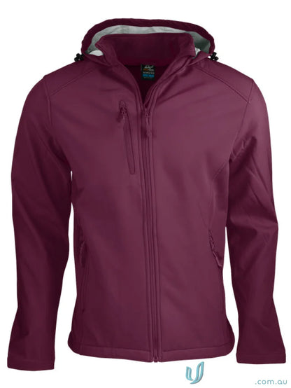 Kids Olympus Maroon Hooded Softshell Jacket with zip, great for uniforms and workwear