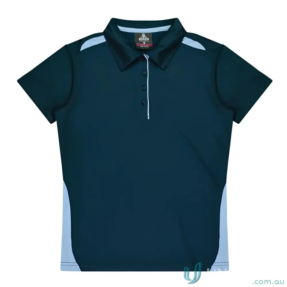 Kids Paterson Polo with dark blue color, light blue accents, and button placket for uniforms or workwear