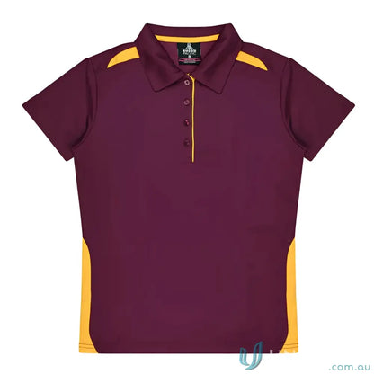 Kids Paterson Polo in maroon and gold with button placket, perfect for uniforms or workwear