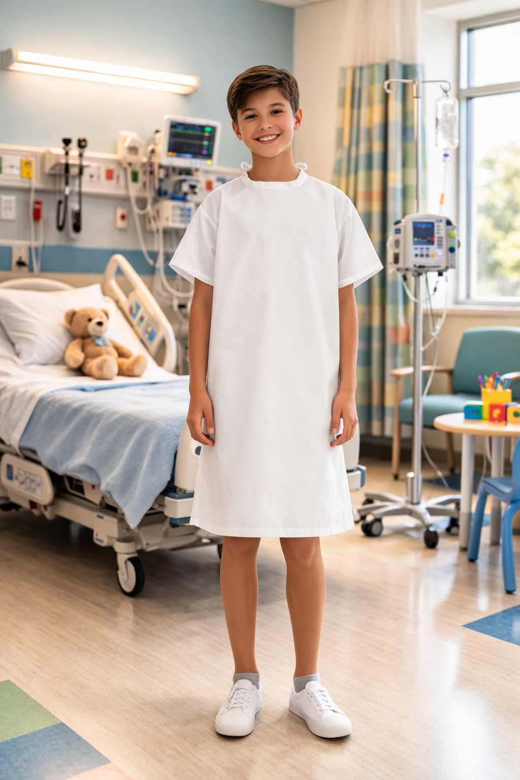 White short-sleeved kids patient gown for pediatric clinics
