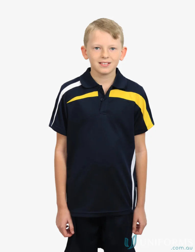 Boy’s Kids Planett Polo with cooldry moisture management technology in navy yellow white