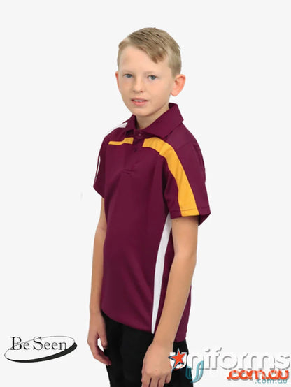 Kids Planett Polo shirt in maroon and gold with Cooldry moisture management tech