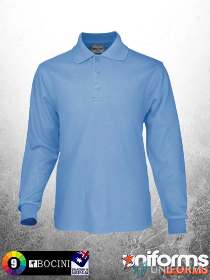 Kids poly face cotton long-sleeved polo shirt in light blue with three buttons