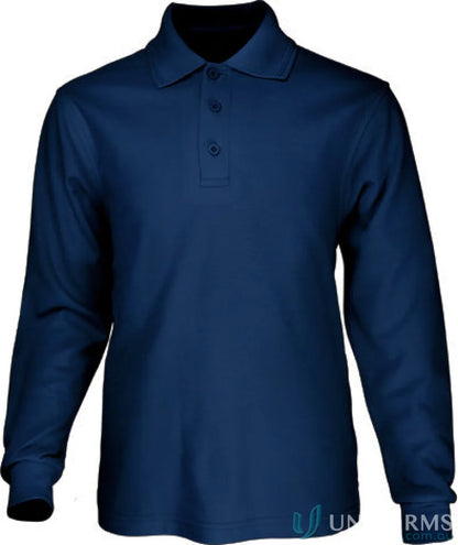 Kids poly face cotton long-sleeved navy blue polo shirt with three-button placket