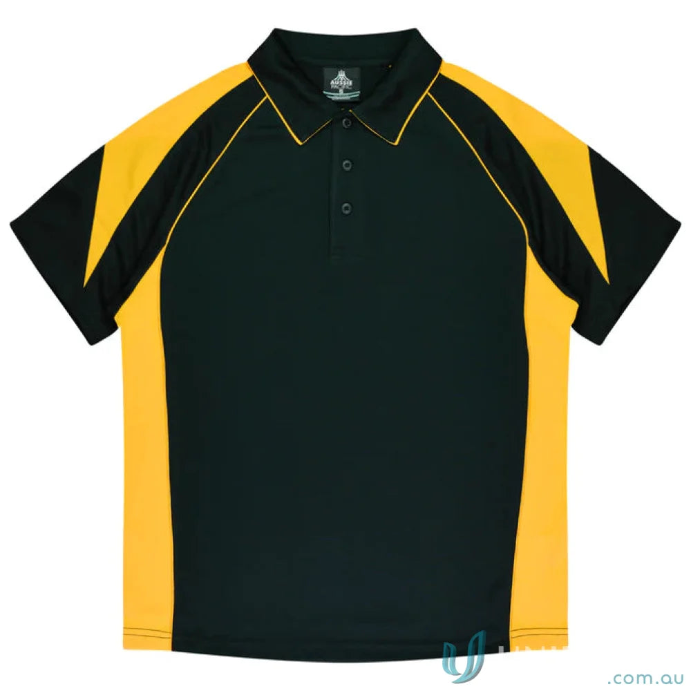 Kids Premier Polo in black and gold fabric, perfect for uniforms and workwear enthusiasts