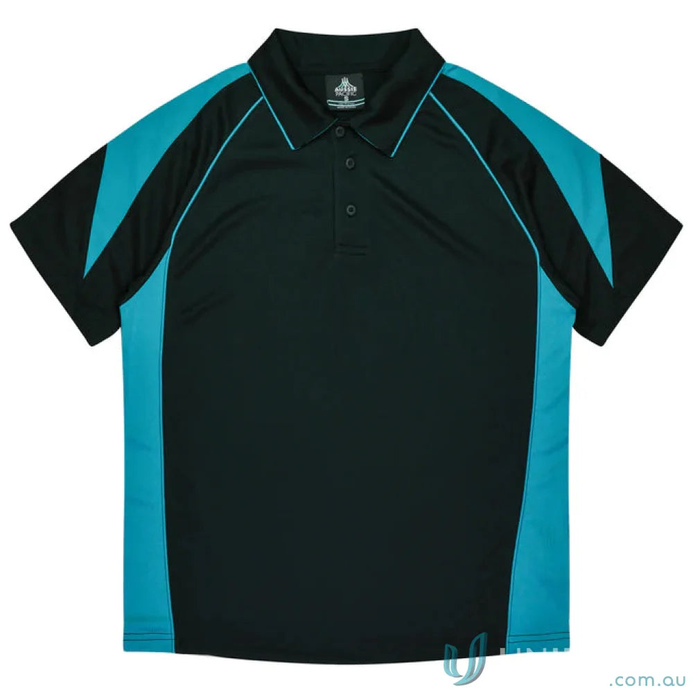 Kids Premier Polo featuring black and teal fabric, perfect for uniforms and casual workwear