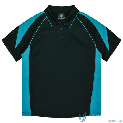 Kids Premier Polo featuring black and teal fabric, perfect for uniforms and casual workwear
