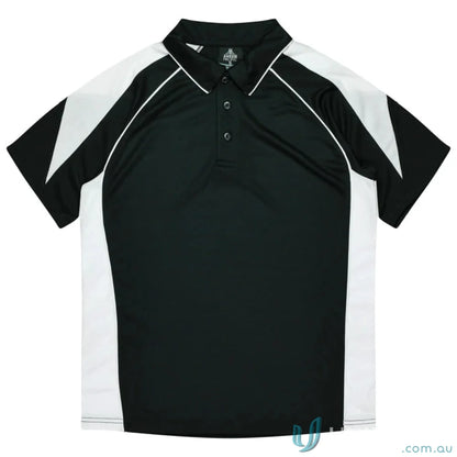 Kids Premier Polo in classic black and white fabric, perfect for uniforms or workwear