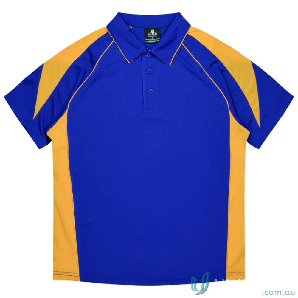 Kids Premier Polo in stylish blue and gold fabric, perfect for uniforms or workwear