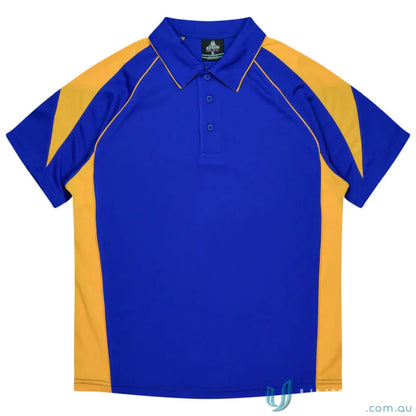 Kids Premier Polo in stylish blue and gold fabric, perfect for uniforms or workwear